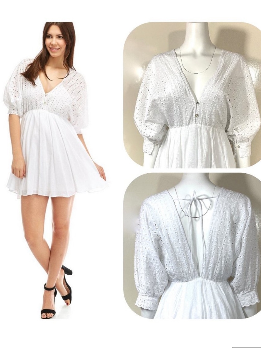 Mustard Seed White Eyelet V-Neck Mini Dress with Puff Sleeves